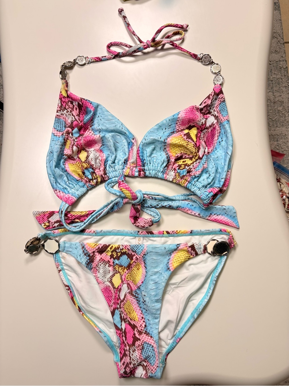 Pilyq Pink, Blue & Yellow Snake-Print Two-Piece Bikini